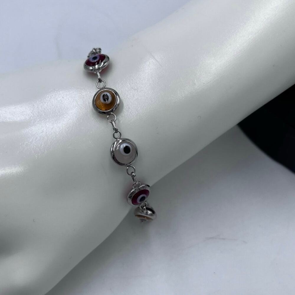 Vintage 925 Sterling Silver Multi-Color Evil Eye Chain Link Bracelet 8"